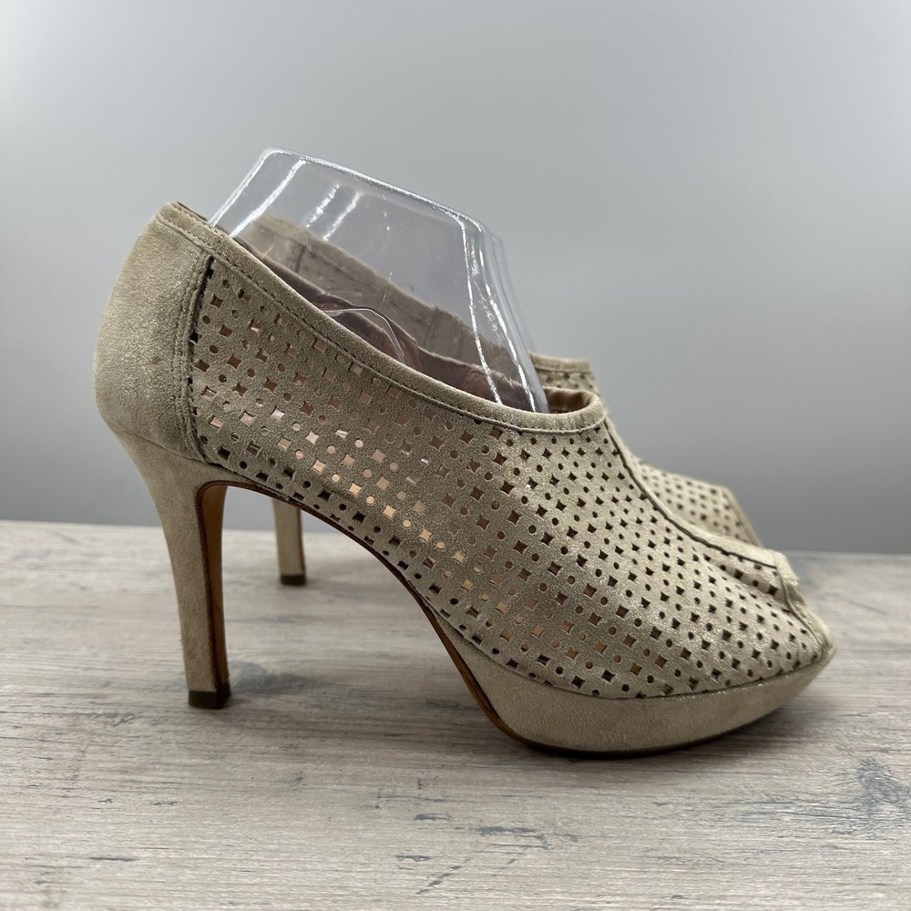 Paul Green Munchen Peep Toe Booties Suede Stiletto Heels Gold‎ Women Size 8.5 38